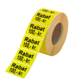 Gul pris/rabatetiket (m. valgfri tekst på 2 linjer) 37x23 mm.