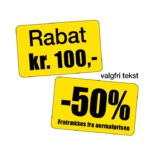 Gul pris/rabatetiket (m. valgfri tekst på 2 linjer) 37x23 mm.
