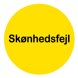 Gul etiket med sort tekst “Skønhedsfejl” - Aftagelig lim - Ø37 mm.