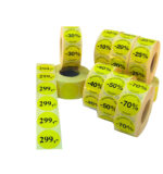 Gul pris/rabatetiket med valgfri pris - min. 3 stk. med aftagelig lim Ø37 mm.