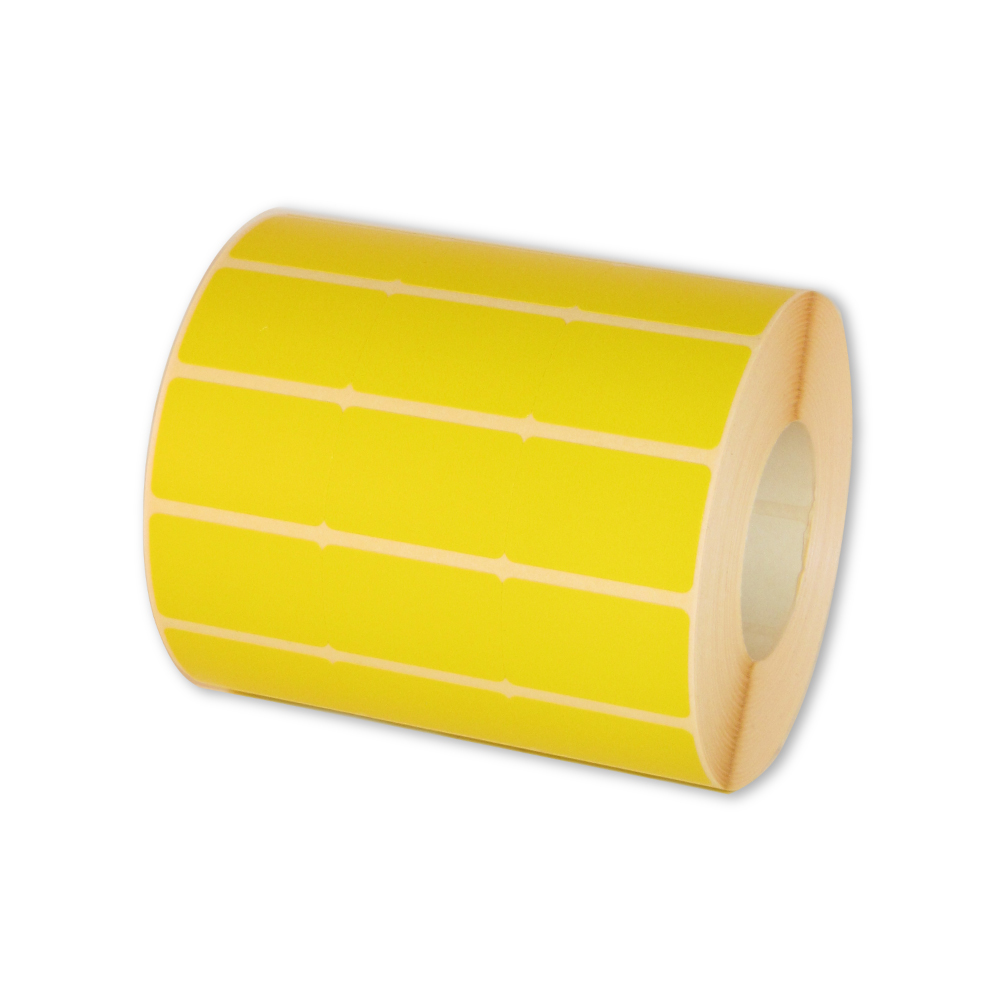 Gul 3-banet sko-thermo etiket 105x23mm - rulle med 1.500 stk.